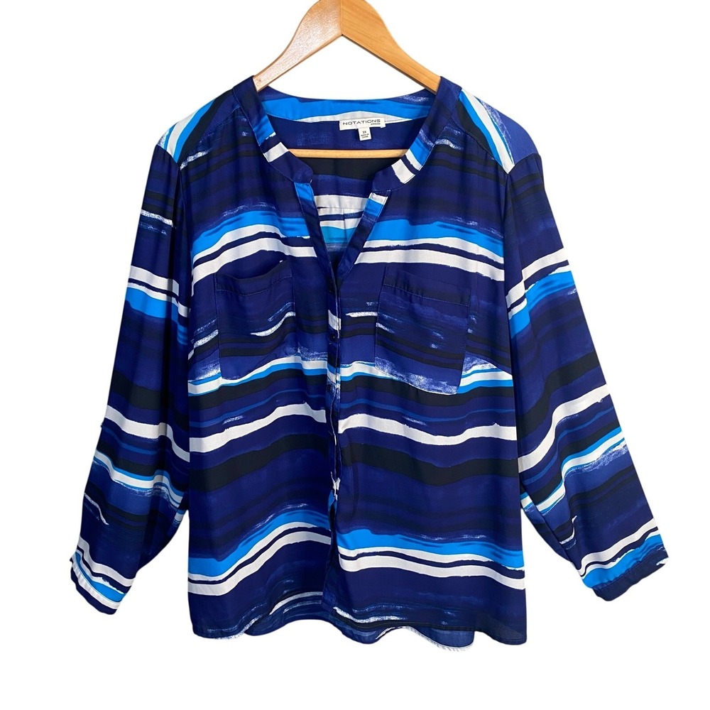 Notations Woman Plus Size 3X Blue‎ Striped V Neck Roll Tab Sleeve Blouse